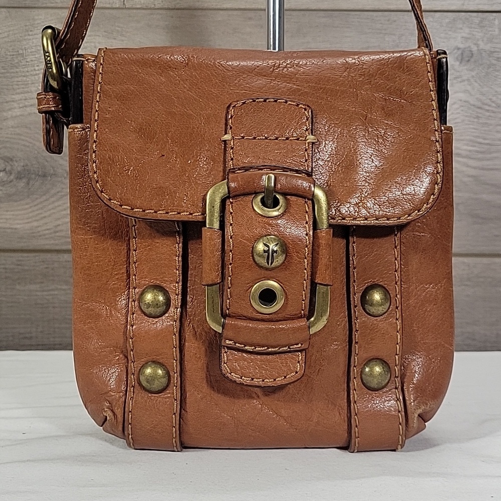 Frye Studded Brown Leather Buckle Crossbody Shoulder Bag Purse Handbag - Picture 2 of 16
